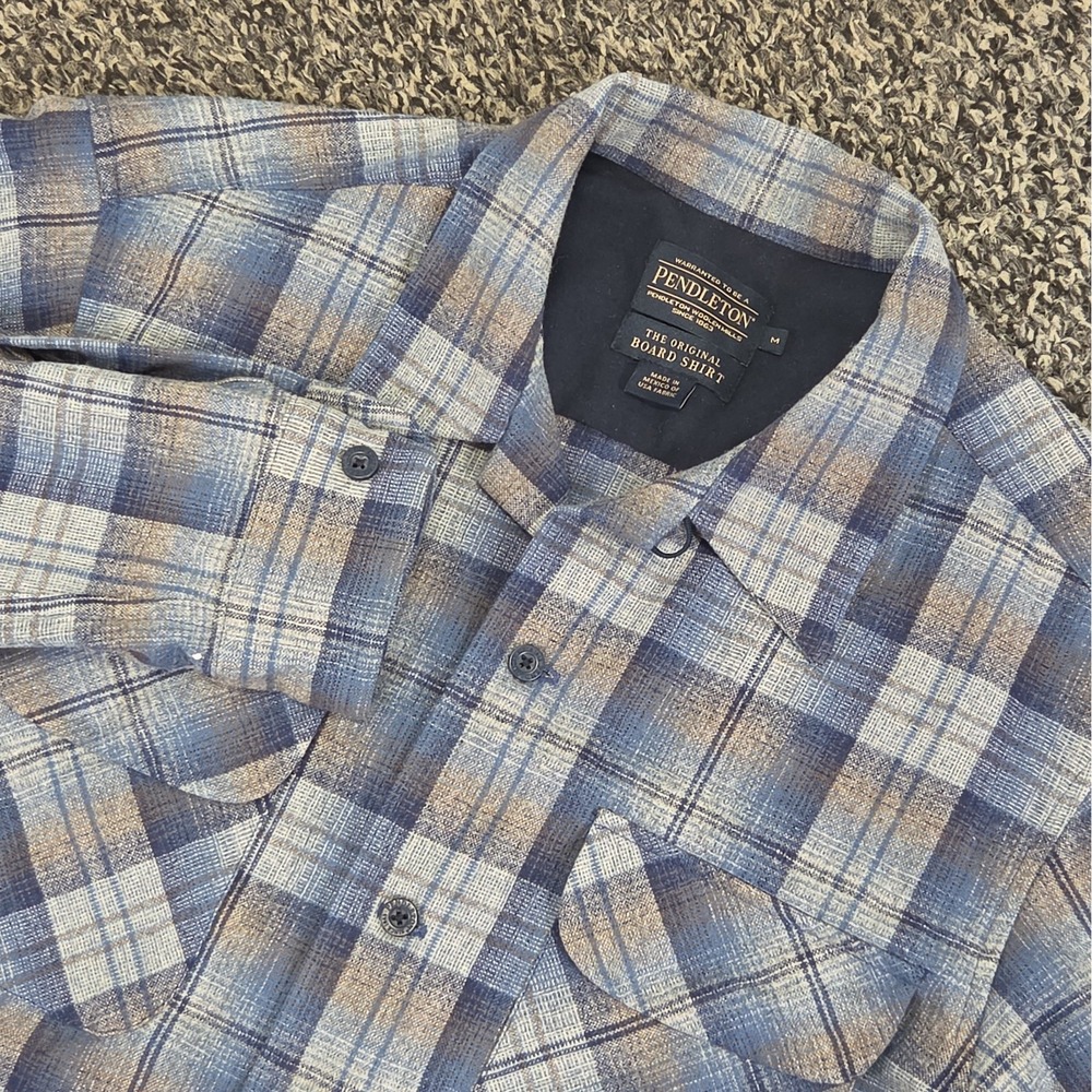 Pendleton The Original Board Shirt Wool Plaid Blue USA Fabric Mens Medium